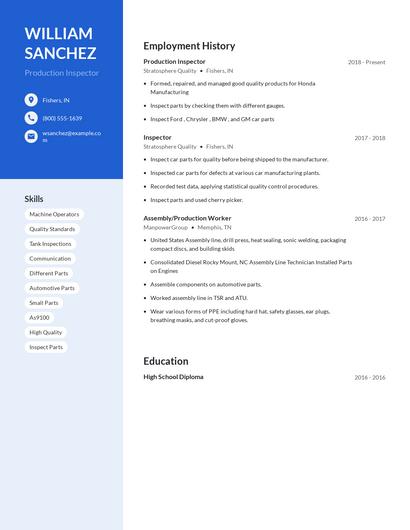 Production Inspector Resume