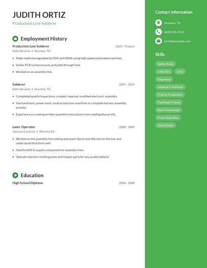 Production Line Solderer Resume