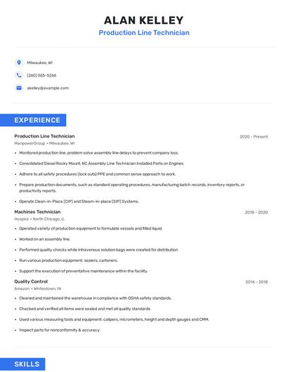 Production Line Technician Resume