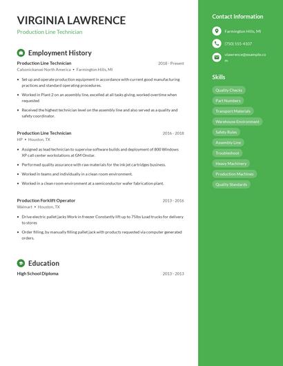 Production Line Technician Resume