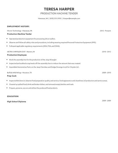 Production Machine Tender Resume