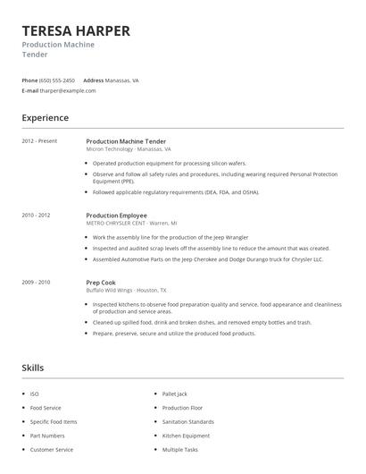 Production Machine Tender Resume
