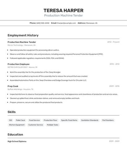 Production Machine Tender Resume