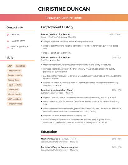 Production Machine Tender Resume