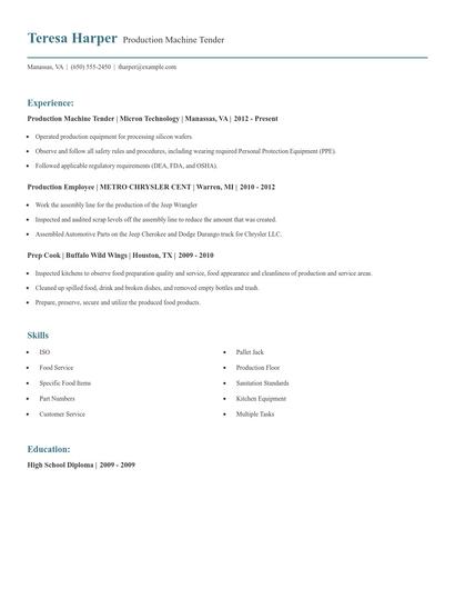 Production Machine Tender Resume