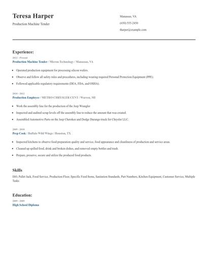 Production Machine Tender Resume