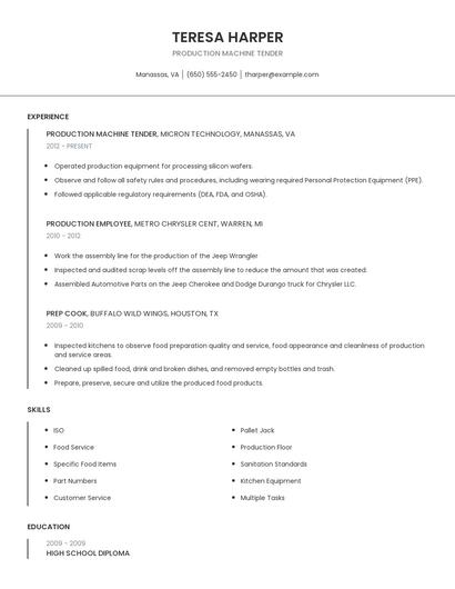 Production Machine Tender Resume