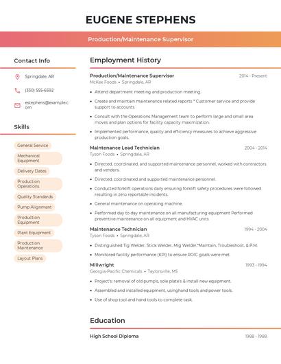 Production/Maintenance Supervisor Resume