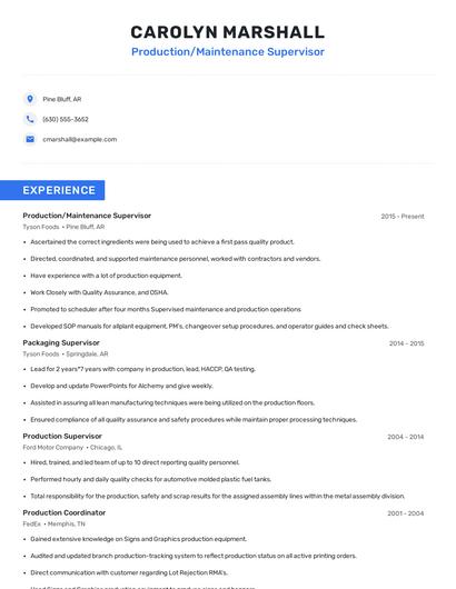 Production/Maintenance Supervisor Resume