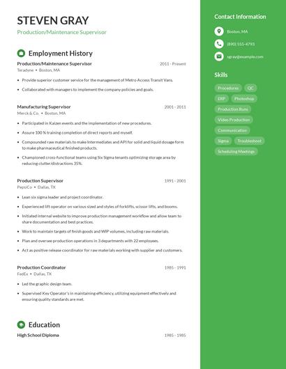 Production/Maintenance Supervisor Resume