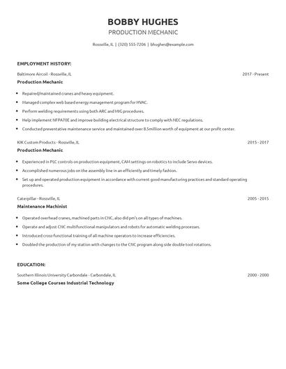 Production Mechanic Resume