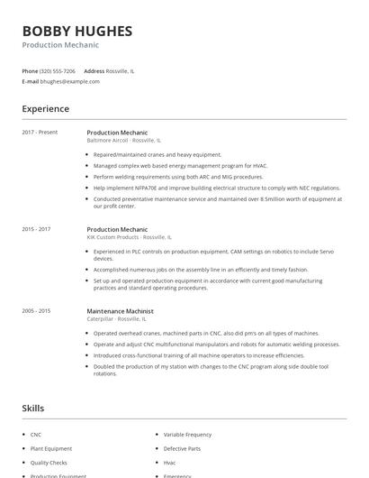 Production Mechanic Resume