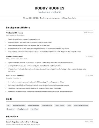 Production Mechanic Resume