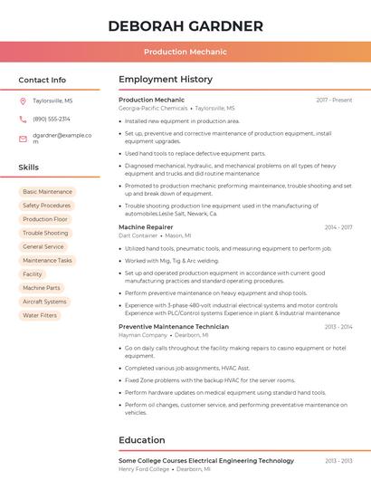 Production Mechanic Resume