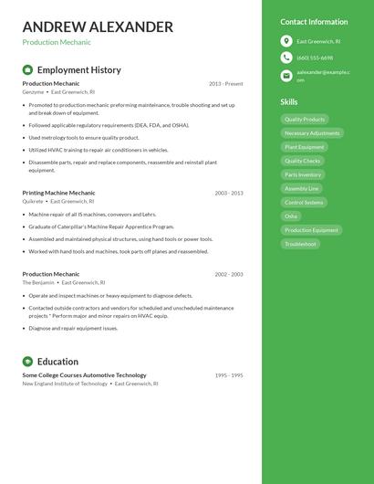 Production Mechanic Resume