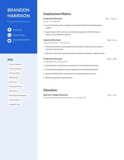 Production Mechanic Resume