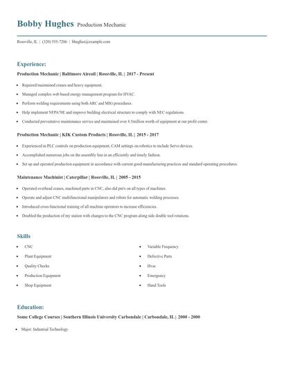 Production Mechanic Resume