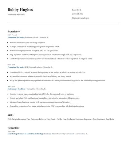 Production Mechanic Resume