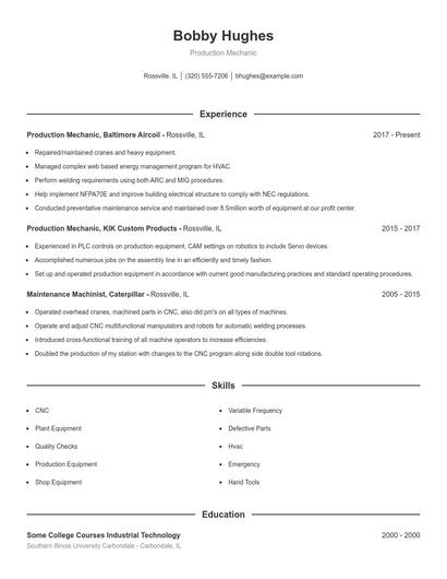 Production Mechanic Resume