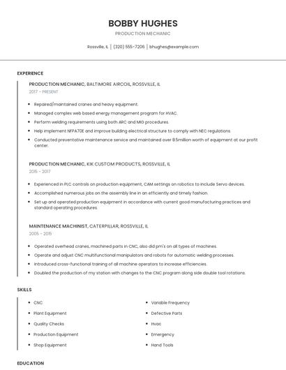 Production Mechanic Resume