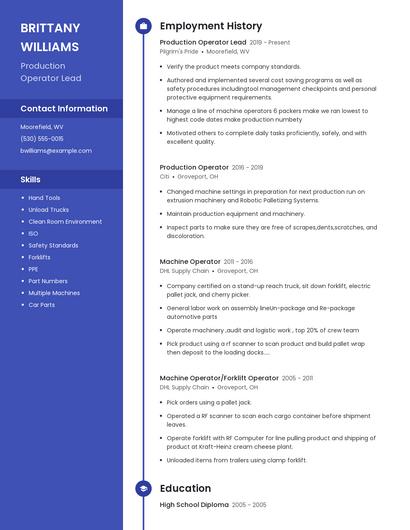 Production Operator Lead Resume