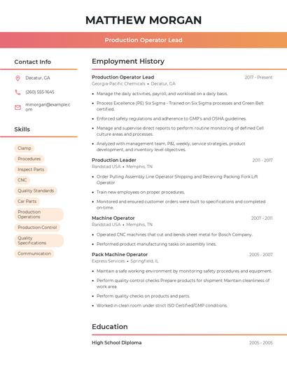 Production Operator Lead Resume