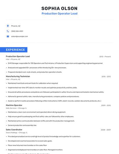 Production Operator Lead Resume