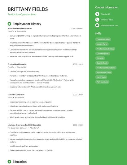 Production Operator Lead Resume