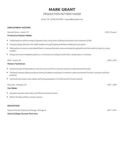 Production Pattern Maker Resume