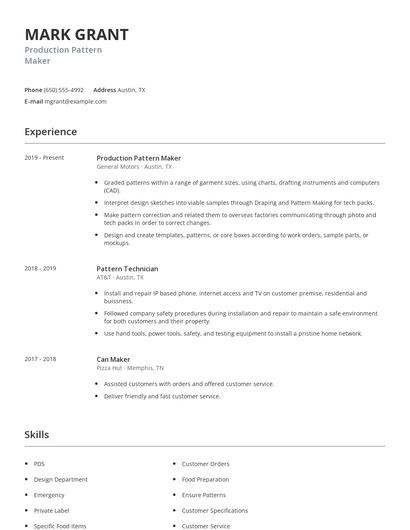 Production Pattern Maker Resume