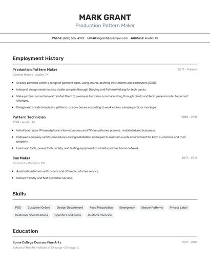 Production Pattern Maker Resume
