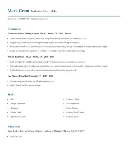 Production Pattern Maker Resume