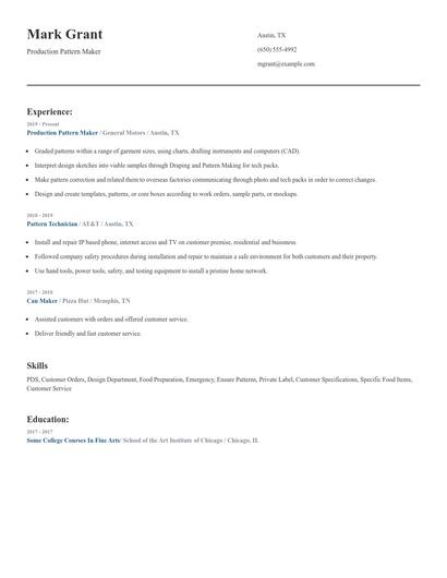 Production Pattern Maker Resume