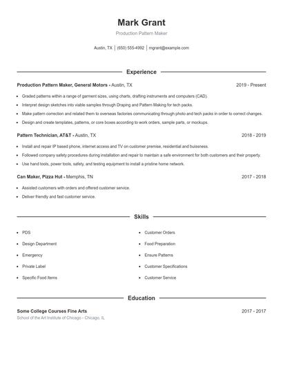 Production Pattern Maker Resume