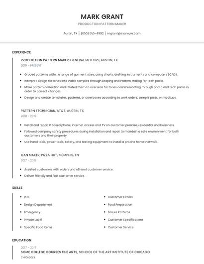 Production Pattern Maker Resume