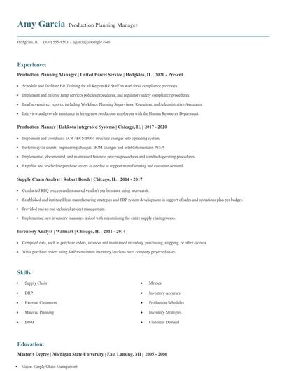 Production Planning Manager Resume