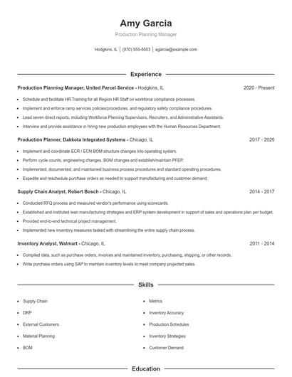 Production Planning Manager Resume