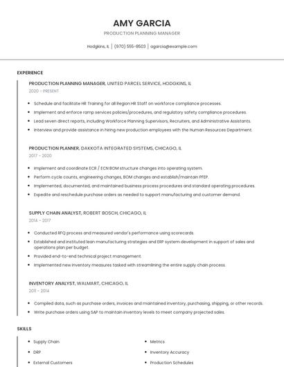 Production Planning Manager Resume