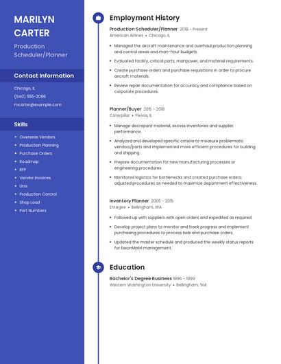 Production Scheduler/Planner Resume