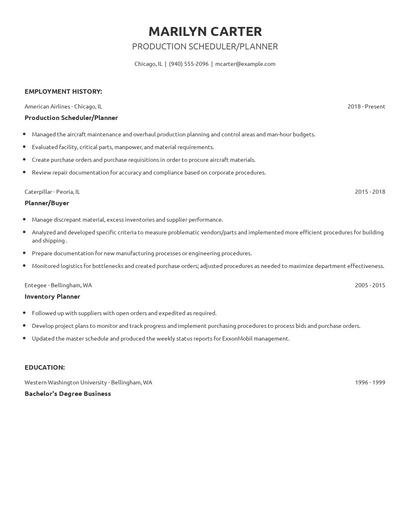 Production Scheduler/Planner Resume