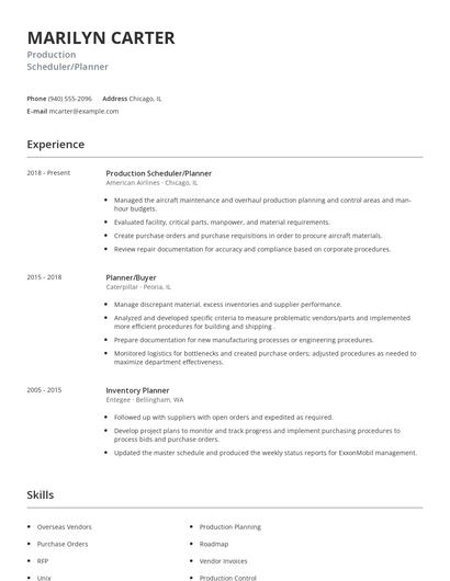 Production Scheduler/Planner Resume