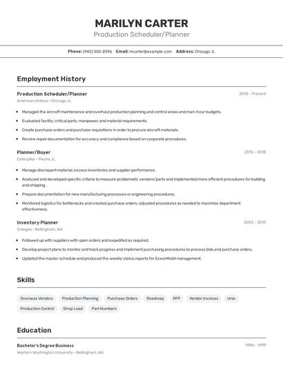 Production Scheduler/Planner Resume