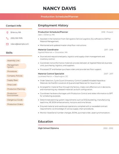Production Scheduler/Planner Resume