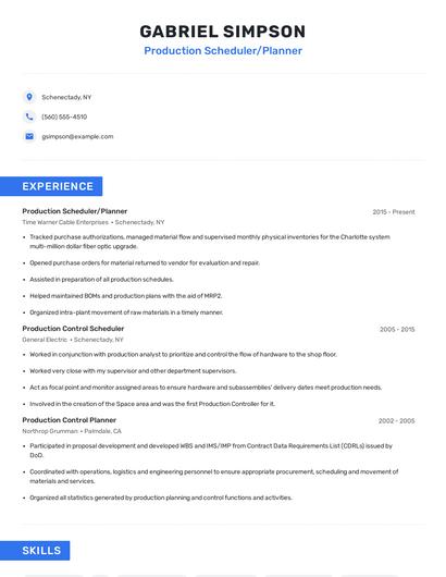 Production Scheduler/Planner Resume