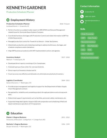 Production Scheduler/Planner Resume