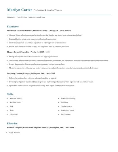 Production Scheduler/Planner Resume