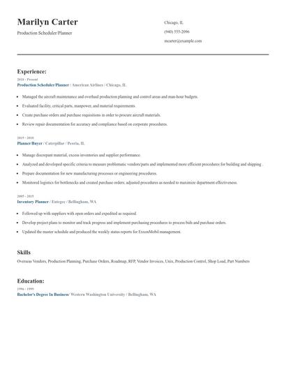 Production Scheduler/Planner Resume