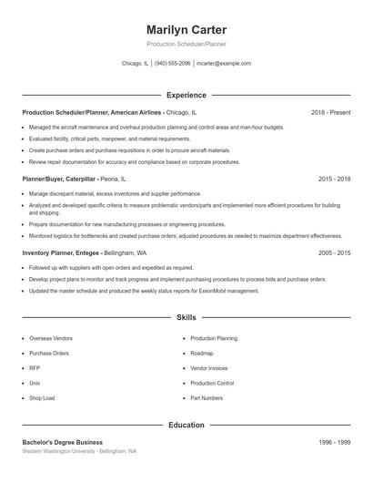 Production Scheduler/Planner Resume