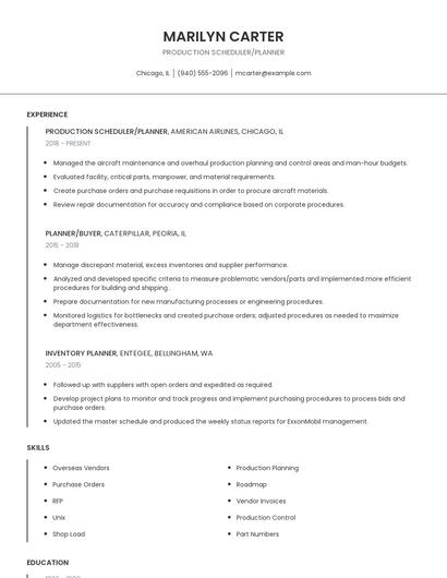 Production Scheduler/Planner Resume