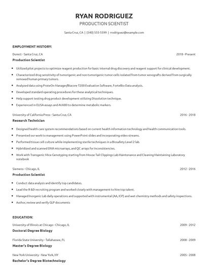 Production Scientist Resume